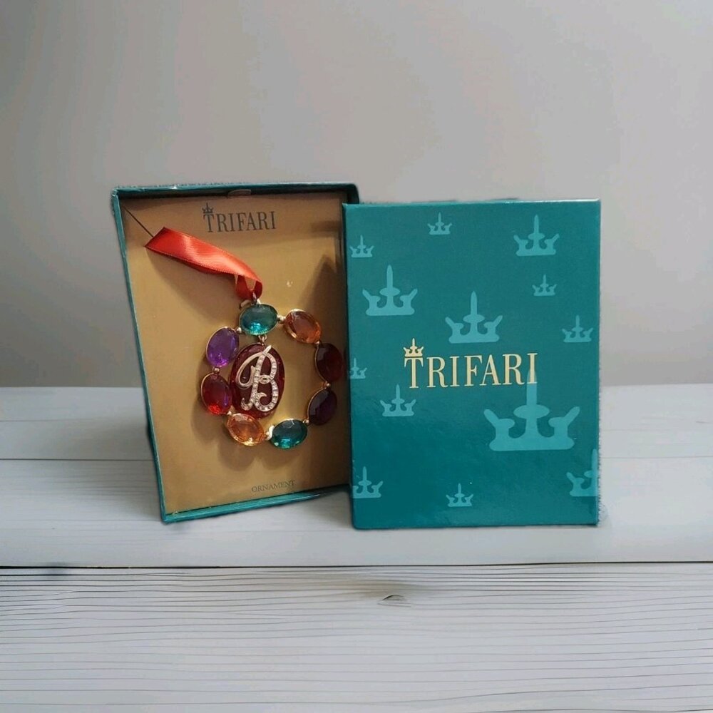 Trifari Vintage "B" Monogram Jeweled Holiday Ornament Rhinestones W/Box